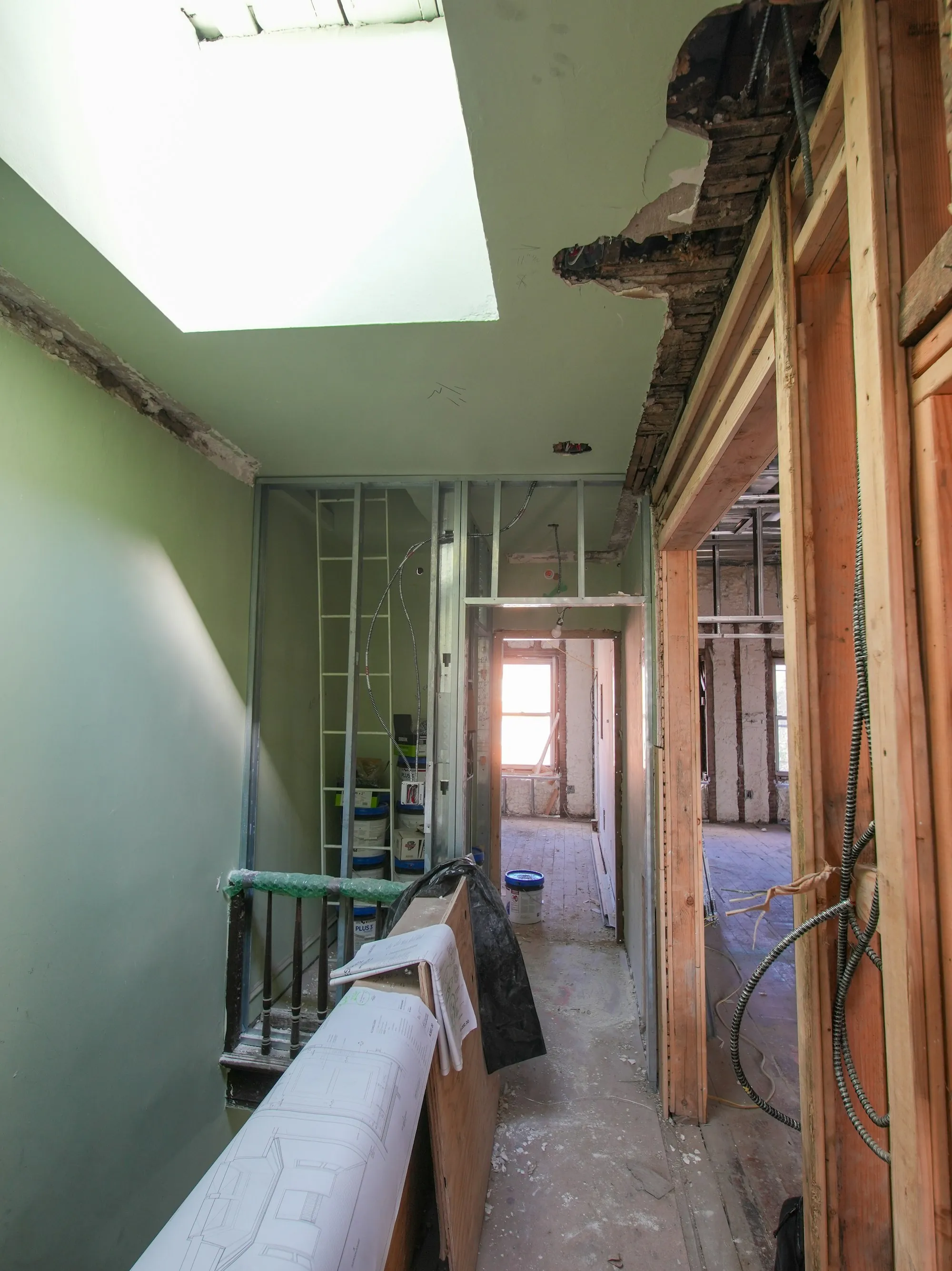 Interior gutted to the studs during a renovation